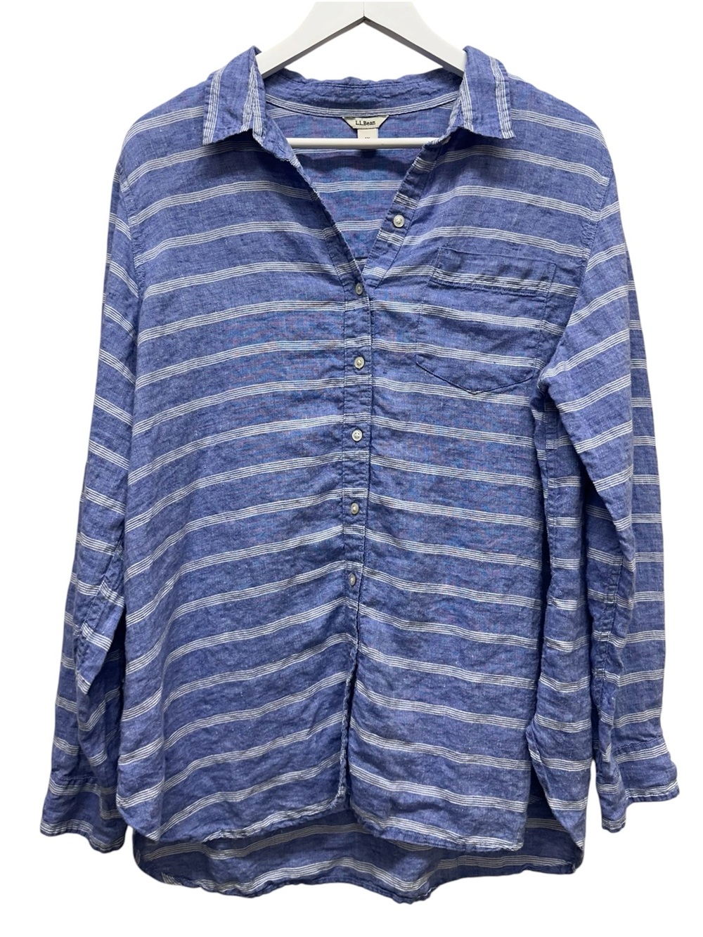 LL Bean Women 1X Light Blue Striped Long Sleeve Linen Button Down Beach Coastal